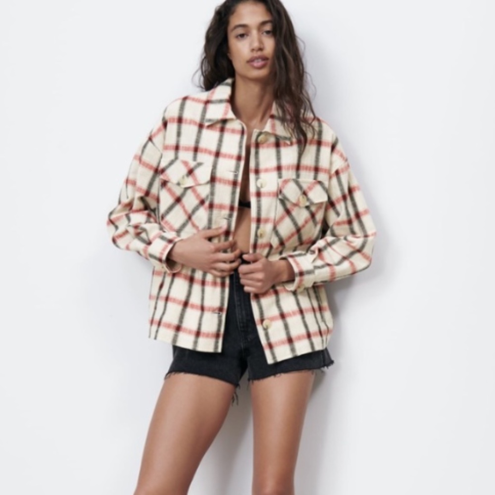 Zara White Red Plaid Shacket NWT